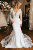 Charming Mermaid V Neck Long Sleeve Wedding Dress with Appliques-Daisybridals
