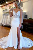 Charming Mermaid Wedding Dresses White Wedding Dress With Slit,DW008-Daisybridals