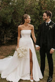 Chic Satin A-Line Strapless Empire Ivory Wedding Dress With Split-Daisybridals