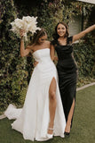 Chic Satin A-Line Strapless Empire Ivory Wedding Dress With Split-Daisybridals