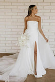 Chic Satin A-Line Strapless Empire Ivory Wedding Dress With Split