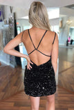 Cute Black V Neck Backless Sequins Tight Homecoming Dresses PD486-Daisybridals
