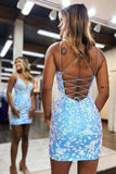 Cute Bodycon V Neck Blue Lace Tight Homecoming Dresses PD484-Daisybridals