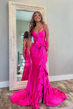 Cute Mermaid V Neck Pink Satin Slit Fuchsia Prom Dress with Bow,DS238-Daisybridals