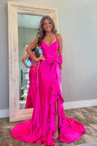 Cute Mermaid V Neck Pink Satin Slit Fuchsia Prom Dress with Bow,DS238-Daisybridals