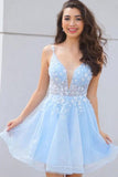 V Neck Light Blue Floral Short Prom Cute Homecoming Dress,DH183-Daisybridals