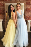 Deep V Neck Open Back Tulle Long Prom Dress With Beading,DS101-Daisybridals