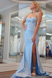 Fitted Corset Slit Strapless Light Blue Prom Dress With Split,DS243-Daisybridals