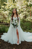 Forest A Line Off the Shoulder Long Sleeves Tulle Wedding Dress