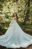 Forest A Line Off the Shoulder Long Sleeves Tulle Wedding Dress-Daisybridals
