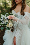 Forest A Line Off the Shoulder Long Sleeves Tulle Wedding Dress-Daisybridals