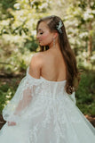 Forest A Line Off the Shoulder Long Sleeves Tulle Wedding Dress-Daisybridals
