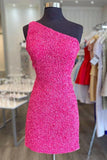 Glitter One-Shoulder Hot Pink Homecoming Dress With Sequins PD462 - Daisybridals