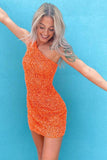 Glitter One Shoulder Hot Pink Tight Short Prom Dress Homecoming Dress PD461 - Daisybridals