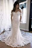Gorgeous Mermaid Off Shoulder Lace Wedding Dress With Court Train-Daisybridals