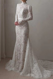 High Neck Long Sleeves Mermaid Vintage Wedding Dress with Train