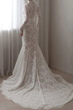 High Neck Long Sleeves Mermaid Vintage Wedding Dress with Train-Daisybridals