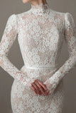 High Neck Long Sleeves Mermaid Vintage Wedding Dress with Train-Daisybridals