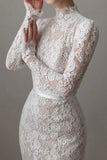 High Neck Long Sleeves Mermaid Vintage Wedding Dress with Train-Daisybridals