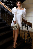 Ivory Satin Puff Sleeves Square Neck Short Vintage Wedding Dress