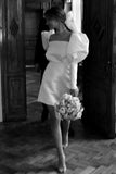 Ivory Satin Puff Sleeves Square Neck Short Vintage Wedding Dress-Daisybridals