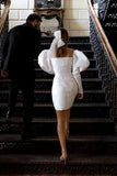 Ivory Satin Puff Sleeves Square Neck Short Vintage Wedding Dress-Daisybridals