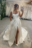 Ivory Straps Satin Sleeveless Classic Long Wedding Dress With Slit-Pgmdress