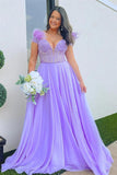 A-line Plunging Off-the-Shoulder Feathers  Lavender Prom Dress,DS141