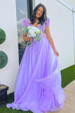 A-line Plunging Off-the-Shoulder Feathers  Lavender Prom Dress,DS141