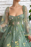Embroidered Tulle dress Green Homecoming Dress Puffy Long Sleeve,DH179-Daisybridals