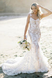 Mermaid Flower Lace Boho Wedding Dress with Appliques-Daisybridals