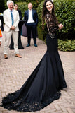 Mermaid Long Sleeve Floral Black Wedding Dress With Appliques,DW066-Daisybridals