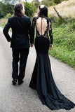 Mermaid Long Sleeve Floral Black Wedding Dress With Appliques,DW066-Daisybridals