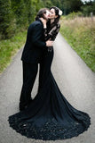 Mermaid Long Sleeve Floral Black Wedding Dress With Appliques,DW066-Daisybridals