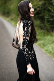 Mermaid Long Sleeve Floral Black Wedding Dress With Appliques,DW066-Daisybridals
