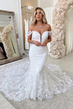 Mermaid Off The Shoulder Lace Bohemian Wedding Dress With Court Train-Daisybridals