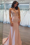 Mermaid V-neck Light Pink Satin Appliques Long Prom Dress,DS241-Daisybridals