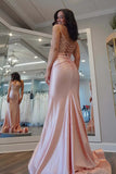 Mermaid V-neck Light Pink Satin Appliques Long Prom Dress,DS241-Daisybridals