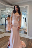 Mermaid V-neck Light Pink Satin Appliques Long Prom Dress,DS241-Daisybridals