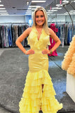 Mermaid V Neck Ruffle Mermaid Yellow Long Prom Dress,DS247-Daisybridals