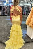 Mermaid V Neck Ruffle Mermaid Yellow Long Prom Dress,DS247-Daisybridals