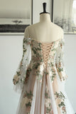 Off-shoulder Floral Embroidery Tulle Wedding Dress with Sleeves-Daisybridals