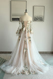 Off-shoulder Floral Embroidery Tulle Wedding Dress with Sleeves-Daisybridals