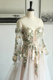 Off-shoulder Floral Embroidery Tulle Wedding Dress with Sleeves-Daisybridals