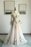Off-shoulder Floral Embroidery Tulle Wedding Dress with Sleeves-Daisybridals