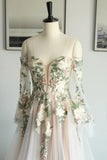 Off-shoulder Floral Embroidery Tulle Wedding Dress with Sleeves-Daisybridals