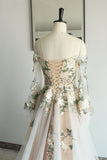 Off-shoulder Floral Embroidery Tulle Wedding Dress with Sleeves-Daisybridals