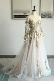 Off-shoulder Floral Embroidery Tulle Wedding Dress with Sleeves-Daisybridals
