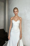 Off Shoulder Pleats Side Split Satin Beach Wedding Dress,DW072-Daisybridals