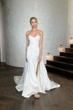 Off Shoulder Pleats Side Split Satin Beach Wedding Dress,DW072-Daisybridals
